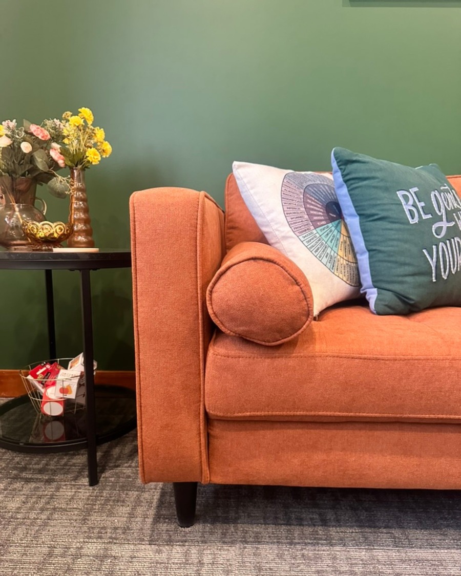 Comfortable therapy office at Minnesota Mental Health Clinics featuring a warm orange sofa with a feelings-wheel pillow.